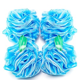 Lulu Essentials Premium Loofah Sponge for Bath and Shower, Mesh Body Scrubber Sponge Pouf 4 Pack 60g each | Blue/White Colour