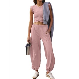 Glamaker Women's Athletic Set 2 Piece Outfits Lounge Matching Sets Summer Sleeveless Cropped Top And Sweatpants Set Grey Pink XL