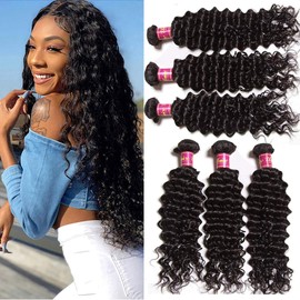 UNice Hair Brazilian Deep Wave Human Hair 3 Bundles 100% Unprocessed Human Remy Hair Weave Extensions Natural Color 16 18 20inch