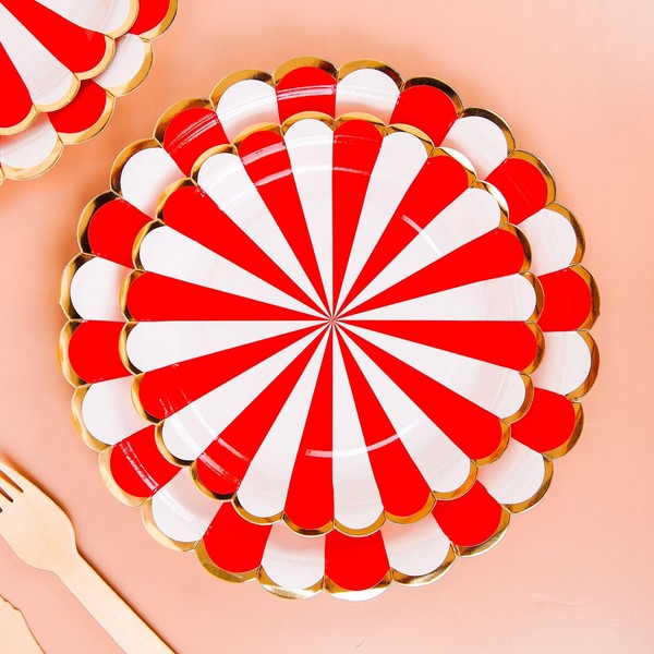 Efavormart 25 Pack | 7" Peppermint Striped Circus Dessert Disposable Paper Plates - 300 GSM