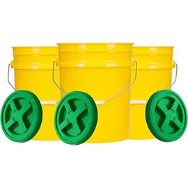 House Naturals 5 Gallon Made in USA Food Grade Plastic Bucket with Screw On Air Tight Double Gasket Lid, (Pack of 3) (Yellow Buckets/Pails - Green Lids)