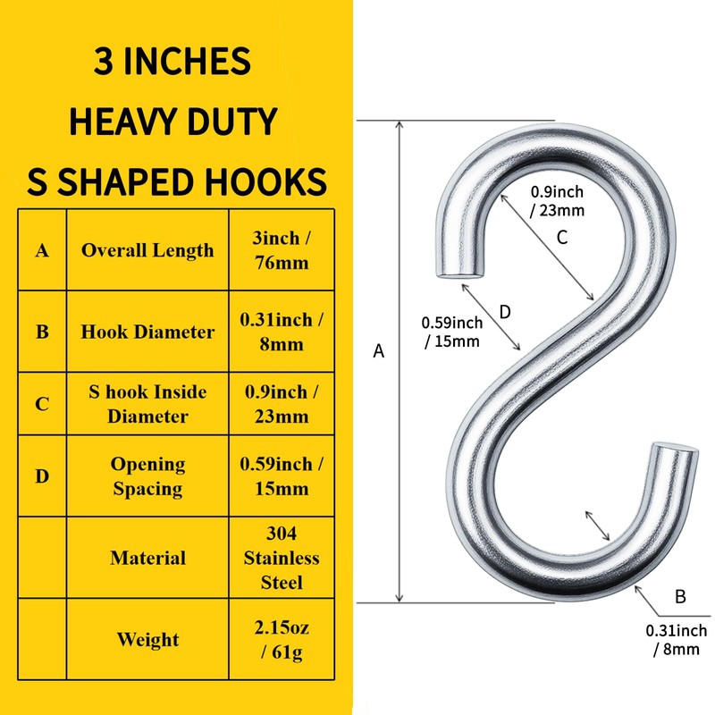 JING-HELPER 304 Stainless Steel 3 Inch S Hooks, 2 PCS