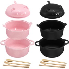 Romooa Large 45oz Cute Ramen Bowl Set Microwavable Pig Ramen Noodle Cooker Wheat Straw Bowl with Strainer Lid Handle Spoon Chopsticks Fork Gift for Home Dorm College(Pink,Black,2 Sets)