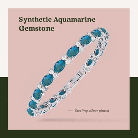 KEZEF Tennis Bracelets For Women - Cubic Zirconia - Oval 7x5mm Aqua Gemstones - Round 2.50mm White CZ - Silver Plated Brass - 7 Inch - Hypoallergenic Bracelets