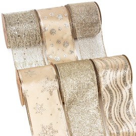 Ribbli Christmas Ribbon Wired Champagne Gold Christmas Tree Ribbon Glitter Christmas Wired Ribbons for Tree, Crafts,Gift Wrapping, Wreaths, Garland, Home Decor -2.5 Inchx6 Rolls Total 36Yard