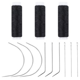 Needle and Thread Set Professional Hair Extension Tools 12 Pieces 3 Rolls Black Hair Weaving Yarn 9 Pieces Curved Needles Wig Making Door DIY Hand Sewing