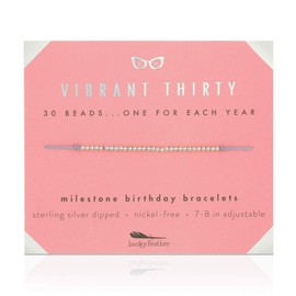 Lucky Feather 30th Birthday Gifts for Women; 30th Birthday Bracelet with 30 Sterling Silver Dipped Beads on Adjustable Cord; 30 Birthday Gift Ideas for Her