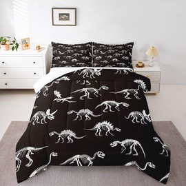 Homewish Dinosaur Skeleton Comforter Set Dinosaur Bones Bedding Set for Kids Girls Women Adults Ancient Animals Comforter Black and White Quilted Duvet Set Bedroom Collection Twin Size 2Pcs