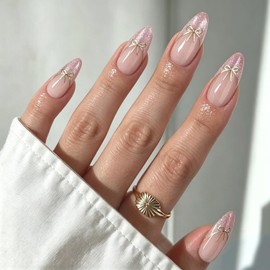Uñas Postizas con Punta Francesa, Uñas Press on para Manos, Cortas y Puntiagudas en Forma de Almendra con Acabado UV, Kit de Uñas Semitransparentes de Calidad de Salón con Lima Pegamento y Adhesivos de Gelatina-F