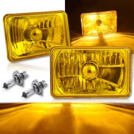 OCTANE LIGHTING 4X6 Crystal Yellow Glass Lens Metal Headlight H4 Halogen Light Bulb Lamp Pair