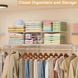 Huxitocan 6-Tier Stackable Closet Organizers and Storage Basket - Foldable Closet Shelf Organizer System, Sturdy Metal Space-Saving Clothes Storage Bins for Wardrobe, White(Patent Pending)