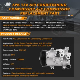 Otobaijeni 6PK 12V Air Conditioning Compressor for Toyota Corolla Matrix 1.8L 2011-2013 447260-3373 447280-9060 471-1023 4472603373 4472809060 4711023 178322 A/C Compressor Replacement Part