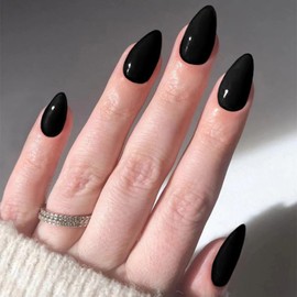 24Pcs Press on Nails Medium Short Almond French Tip with Black Design Acrylic Nails Fake Nails Thick Glossy Full Cover Glue on Nails Stick on Nails for Women W1587