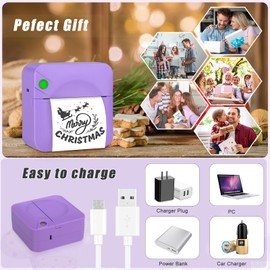 Zeacool Mini Sticker Printer,Mini Pocket Thermal Printer with 11 Rolls Paper,Bluetooth Inkless Printer Compatible with Android & iOS,Portable Receipt Printer for Photo,Journal,Memo,Travel,Purple