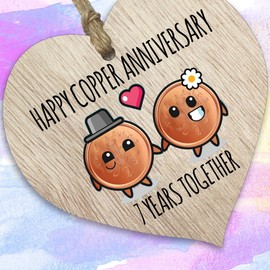 7th Wedding Anniversary Plaque Gift for Husband Wife - 7 Years Together - Happy Copper Anniversary Wooden Heart for Women Men Partner, Light Wood Sign Keepsake Gifts