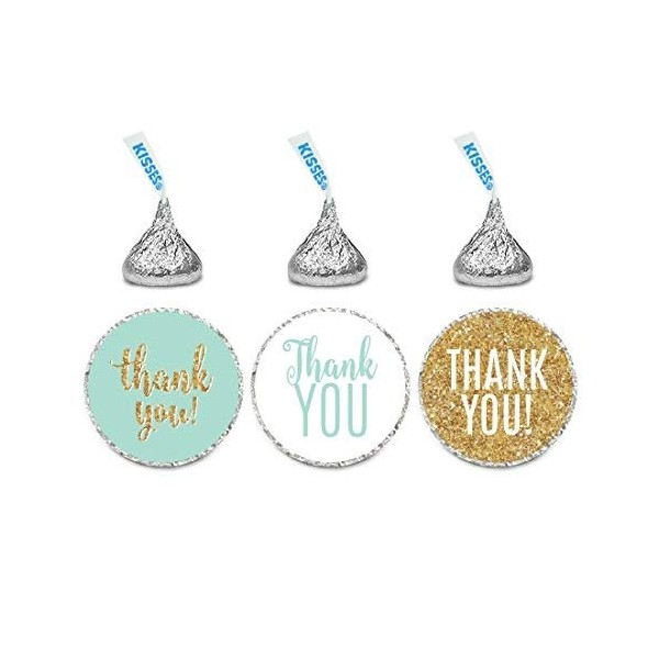 Andaz Press Signature Light Aqua, White, Gold Glittering Party Collection, Chocolate Drop Labels Stickers, Fits Kisses, Thank You, 216-Pack