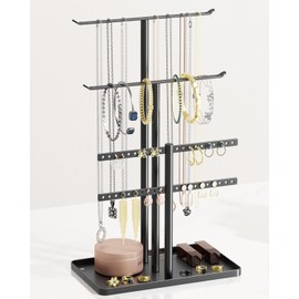 pickpiff Jewelry Stand Organizer, 12.5" Tall Sturdy Metal, 3-Tier Jewelry Holder for Necklace, Earring, Bracelet, Ring, Hanger for Display and Storage, Aesthetic Room Decor, Black