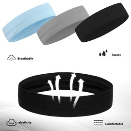 Pack of 3 Sports Headbands, Elastic Non-Slip Headbands, Hair Bands, Sporty Headband, Sweatband, for Running, Cycling, Yoga, Basketball (Black, Grey, Blue)