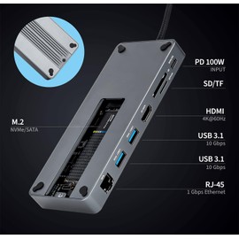 Reagle 10-in-1 USB-C Hub with M.2 SSD Enclosure, 4K@60Hz HDMI, 100W PD, 10Gbps USB 3.2 Gen 2, RJ45 Gigabit Ethernet, SD/microSD Card Reader - Compatible with Windows, MacOS, Android, NVMe/SATA NGFF
