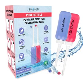 Life Shelter 2Pcs Portable Bidet - 420ml Peri Bottle for Postpartum Care, Camping & Personal Hygiene - Upside Down Handheld Perineal Wash Bottle - Blue & Pink Set with Storage Bag