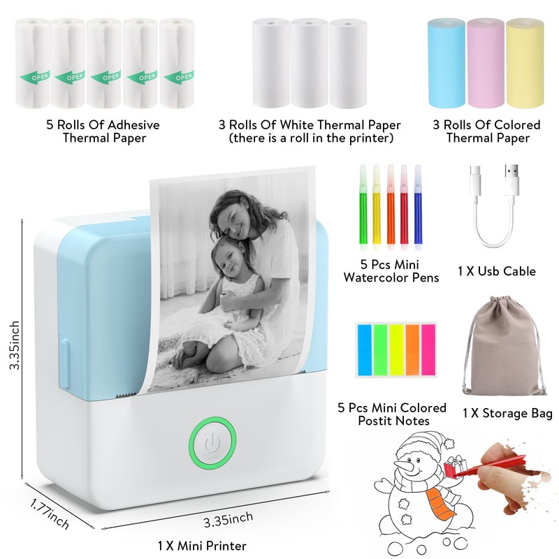 HUIJUTCHEN Mini Printer, Portable Inkless Pocket Printer Wireless Bluetooth Photo
