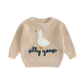 Toddler Baby Boy Girl Knit Sweater Silly Goose Embroidery Long Sleeve Knitted Sweatshirt Warm Fall Winter Clothes (Ivory, 18-24 Months)