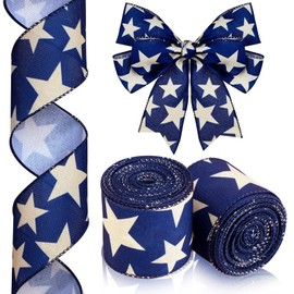2 Rolls 20 Yard Memorial Day Star Blue Wired Edge Patriotic Ribbon 2.5 Inch 4th of July Ribbon Beige Navy Blue DIY Crafts for Party Decorations Wreaths Bow