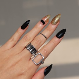 MERVF Glitter Press on Nails Almond Stick on Nails Medium Length Fake Nails Glossy Stiletto Glue on Nails Black French False Nails Full Cover Acrylic Nails