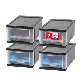 IRIS USA Plastic Stacking, Storage Organizer Unit with Sliding Drawer for Clothes Bedroom Kitchen Under Sink Pantry Craft Room Bathroom Dorm Office, 7 Qt. - 4 Pack, Black