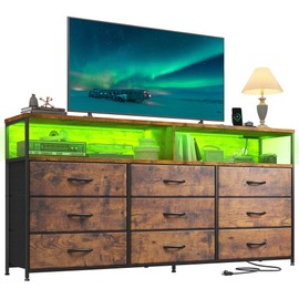 Romorgniz 55" W Dresser for Bedroom with 9 Drawers, LED TV Stand with Power Outlets for 45, 55, 65 Inch TV, Sturdy Long Chest of Drawers with Extra 2 Wooden Shelves, Rustic Brown