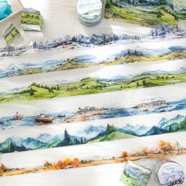 MisKepaa 6 Rolls Landscape PET Tape,Transparent Nature Stickers for Scrapbook Supplies,Diaries,DIY Craft,Junk Journal,Album,Bullet Journal(Mountain)