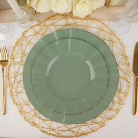 Balsa Circle 10 Dusty Sage 9" Round Disposable Salad Dinner Plastic Plates Gold Wavy Trim Wedding Reception Party Tableware Event Supplies
