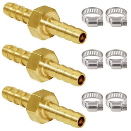 Joywayus 1/4" ID Hose Barb Hex Union Fitting Intersection/Split Brass Water/Fuel/Air with 6 Stainless Steel Clamps (Pack of 3)