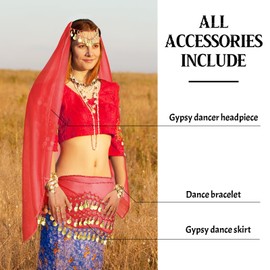 Eurzom 4 Pcs Gypsy Costume Women Belly Dance Outfit Gypsy Accessories Gypsy Head Scarf with Coins Hip Scarf Bracelet(Red)