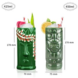 Tiki Mugs Cocktail Set of 4 - Large Ceramic Hawaiian Party Mugs Drinkware, Cute Exotic Cocktail Glasses, Tiki Bar Professional Hawaiian Party Barware, TKSET0012 (4 pack)