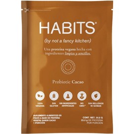 HABITS BY NOT A FANCY KITCHEN Proteína Vegana en Polvo en Sobres 16 Sobres de 30.5 g c/u Sabor Cacao 22.3 g de Proteína Vegetal Por Porción KETO Friendly Libre de Gluten Sin Azúcares Añadidos Fuente de BCAAs No GMO 16 Porciones