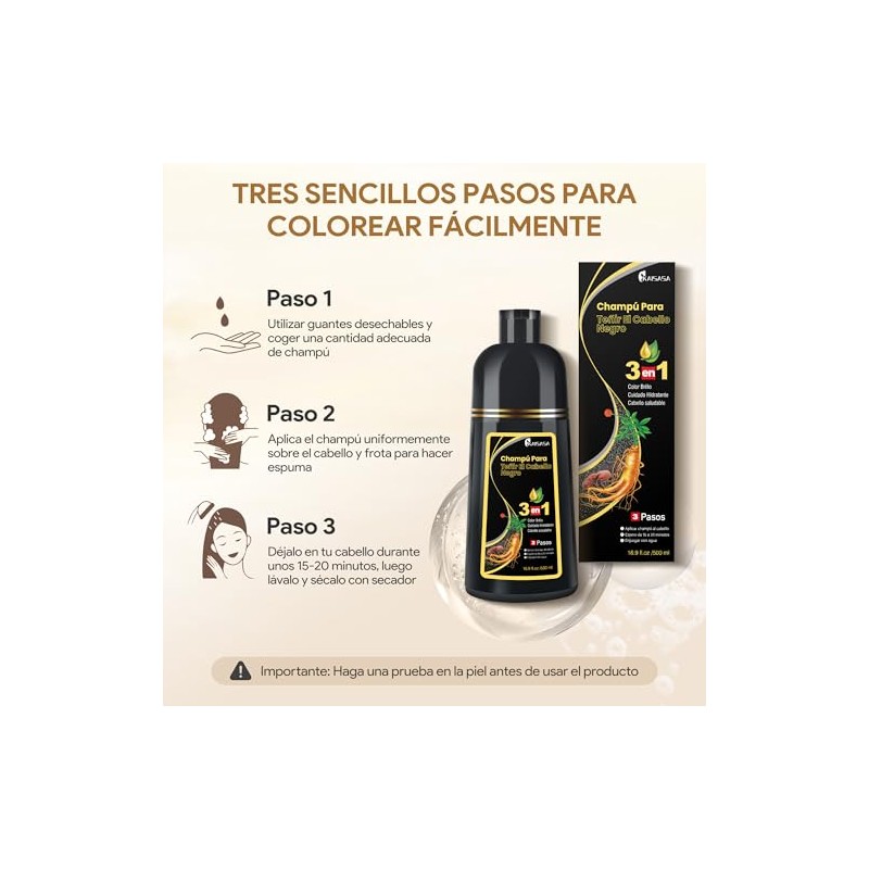 Black Hair Dye Shampoo 3 in 1, Shampoo para Canas