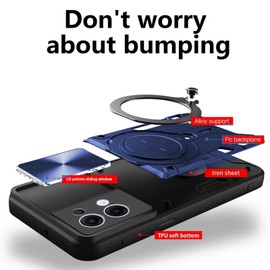 Case for Oppo Reno 13 + 2 Pack Screen With Slide Camera Protection Cover,Magnetic Metal Ring Kickstand Shockproof Military Grade Heavy Duty Tough Cover,Blue