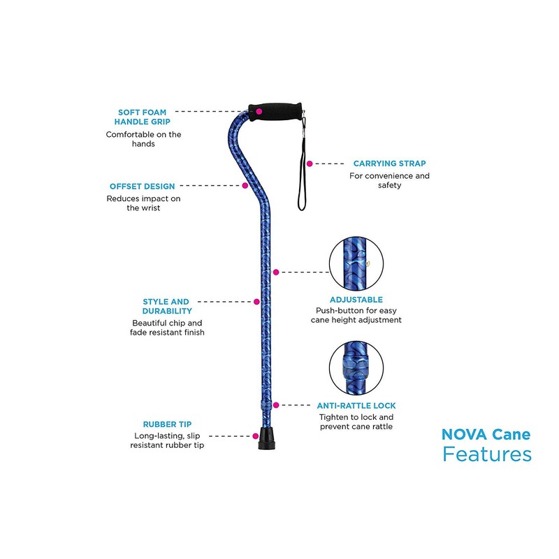 NOVA Designer Walking Cane with Offset Handle, Lightweight Adjustable Walking