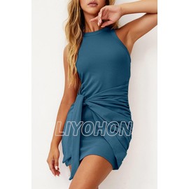 LIYOHON Women's Summer Casual Beach Dress Sleeveless Ruched Tie Tank Bodycon Wrap Mini Dresses Navy Blue-M