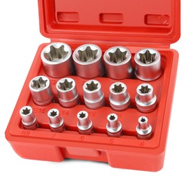 FIFIBANG E-Torx Star Socket Set E4, E5, E6, E7, E8, E10, E11, E12, E14, E16, E18, E20, E22, E24, Torx Socket Spanner Set 1/2 inch, 1/4 inch, 3/8 inch with Storage Box (Red)
