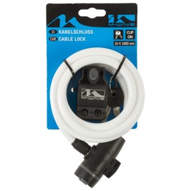 M-Wave Autom.-Spiralkabelschloß 1800 x 10 mm weiß mit Clip-on-Halter für Sattelstütze mit Staubschutzkappe auf Karte
