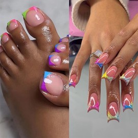 MISUD 48 Pcs Duck Press on Nails & Press on Toenails Matching Set Glossy Glue on Nails Colorful French Tip Fake Nails Supplies Hand Toe Acrylic Nails Kit False Toe Nails Art with Design DIY