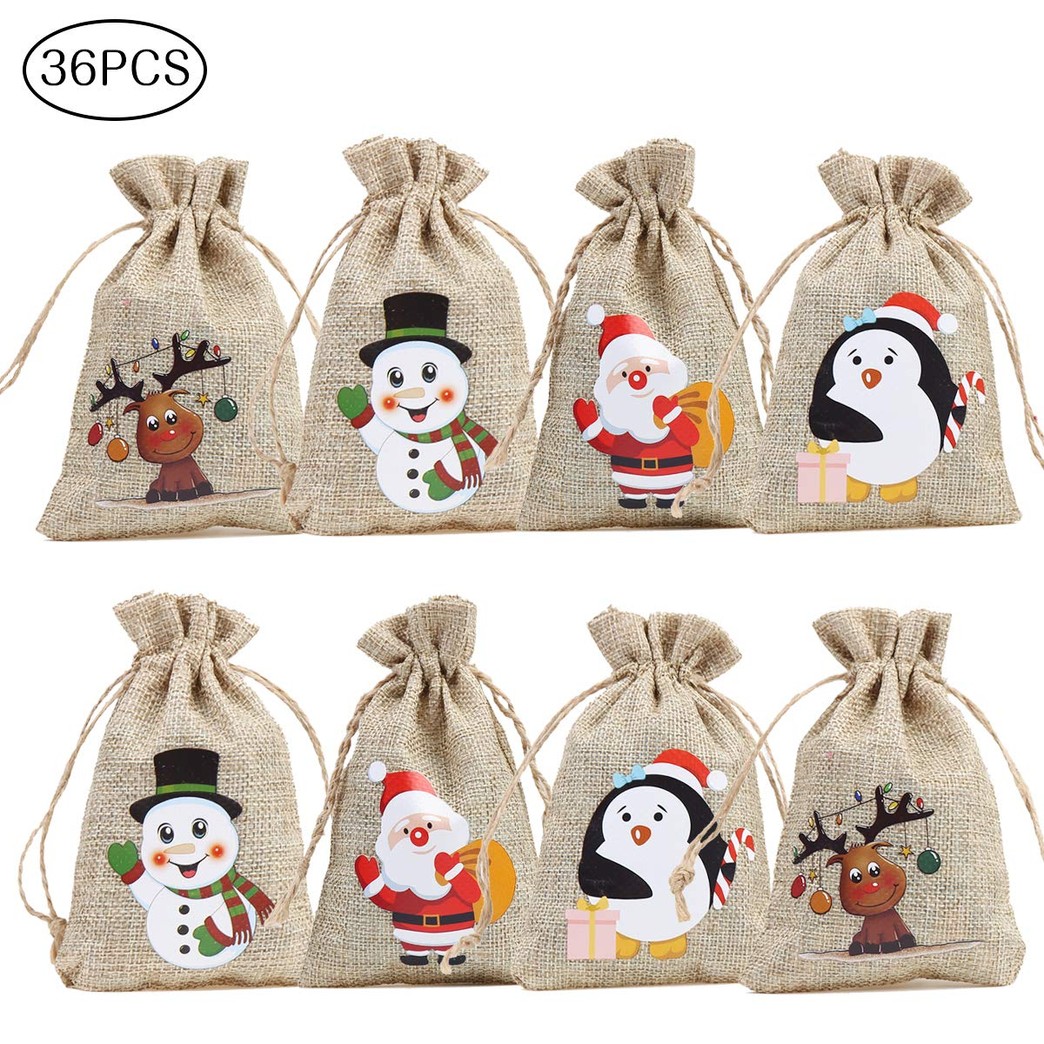 CCINEE 36pc Christmas Linen Bags with Drawstrings Christmas Burlap Goody Gift Bags with Double Jute Drawstrings, 4 Designs Snowman, Santa Claus, Penguin and Elk