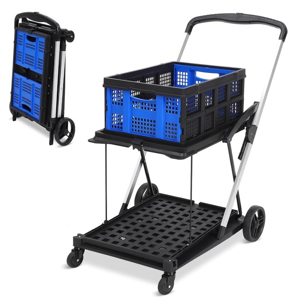 Folding Shopping Cart with Wheels, 2-Tier Collapsible Service Cart with