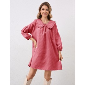 Lenader Women Puff Sleeve Babydoll Dress Cute Gingham Short Dresses Peter Pan Collar Checkered Shift Dress Plaid Mini Dress