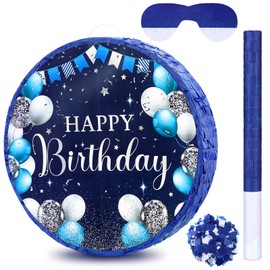 Navy Blue Birthday Pinata Blue and Sliver Pinata Happy Birthday Pinata with Stick Blindfold and Confetti for Boys Girls Men Women Birthday Party Supplies