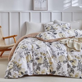 Lekesky Double Duvet Cover Set Grey Bedding Set, Watercolor Leaf Plant Printed Grey Double Duvet Set (1x Duvet Cover, 2x Pillowcase) Microfiber Double Duvet Cover 200x200 cm, Grey/Leaf