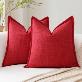 Artscope Pack of 2 Red Decorative Cushion Covers 18x18 Inch Soft Linen Texture Couch Throw Pillows Farmhouse Pillow Covers with Elegant Design for Sofa Bedroom Living Room Home Decor 45 x 45 CM