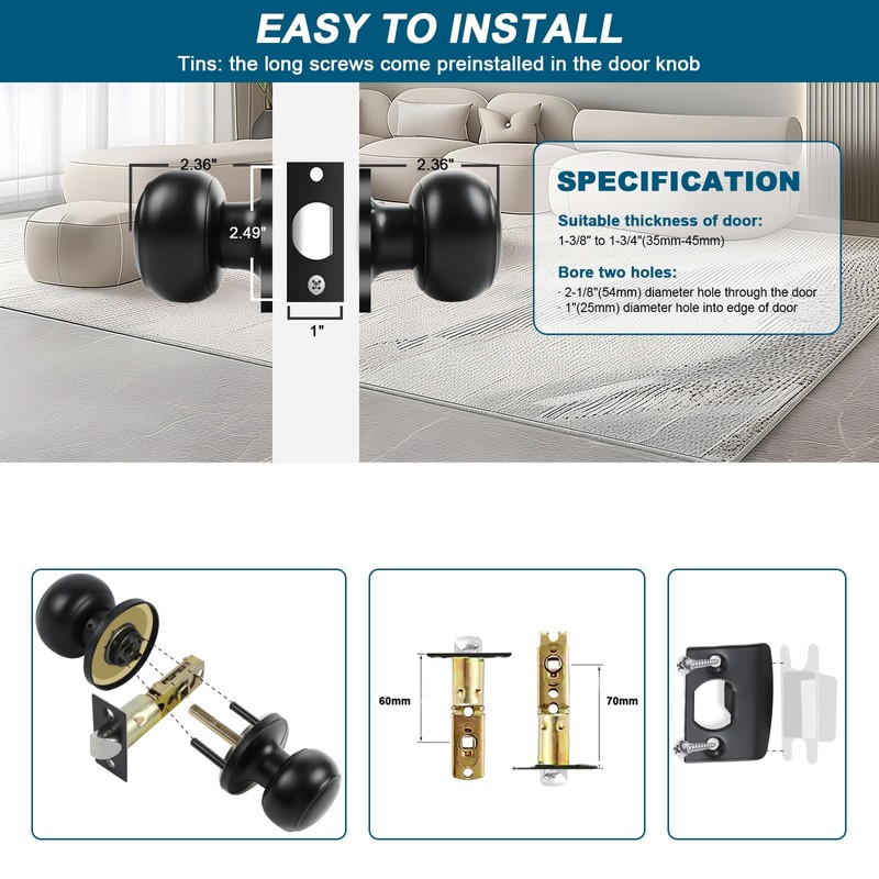 RAZCC Passage Door Knobs, 10 Pack Matte Black Door Knobs,